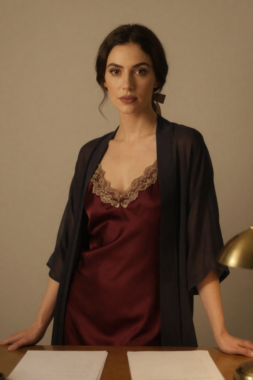 Photorealistic portrait of a fictional adult woman, age 29, dark brown hair in a low bun
